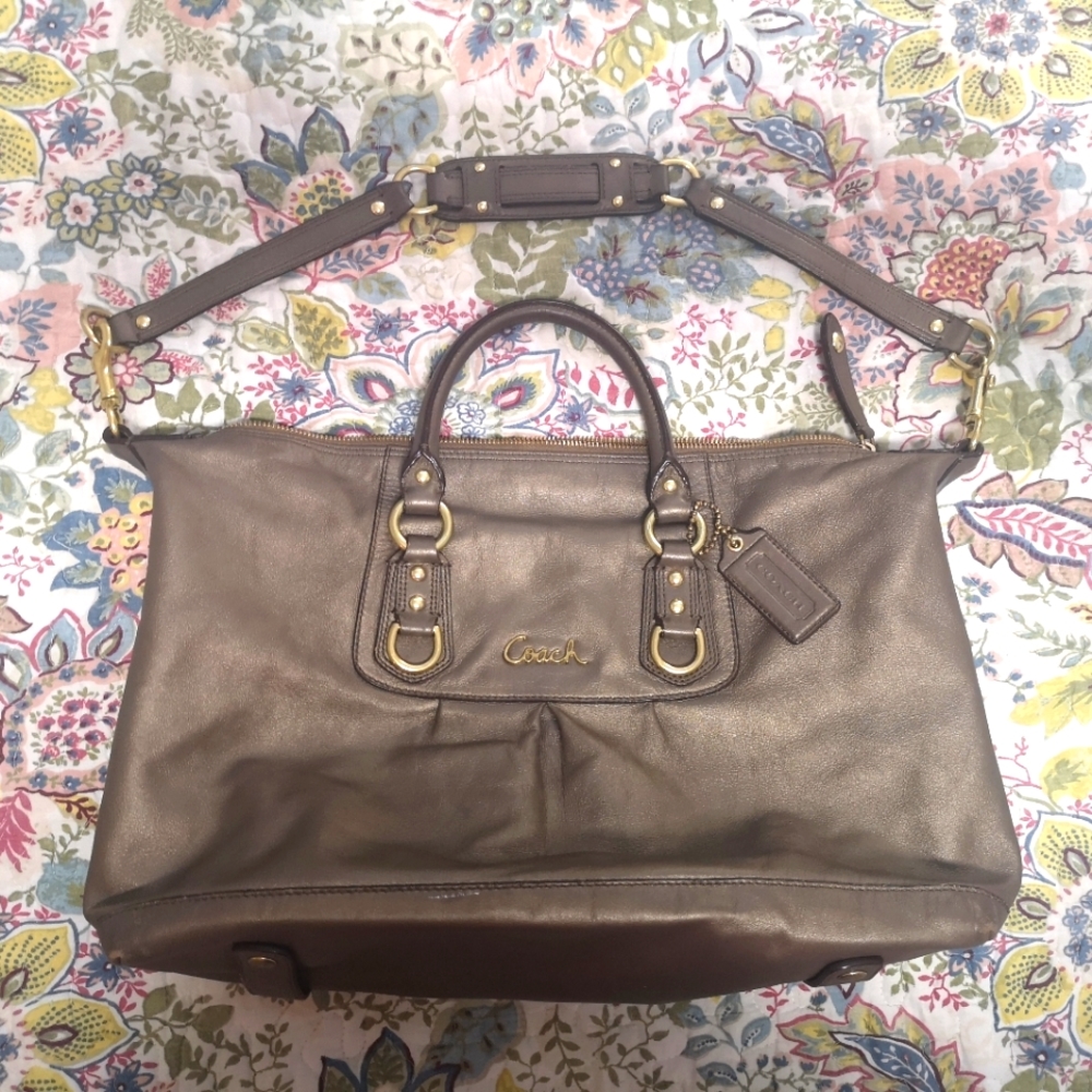 Coach Ashley Convertible Leather Satchel Handbag Shoulder Bag Pewter Metallic